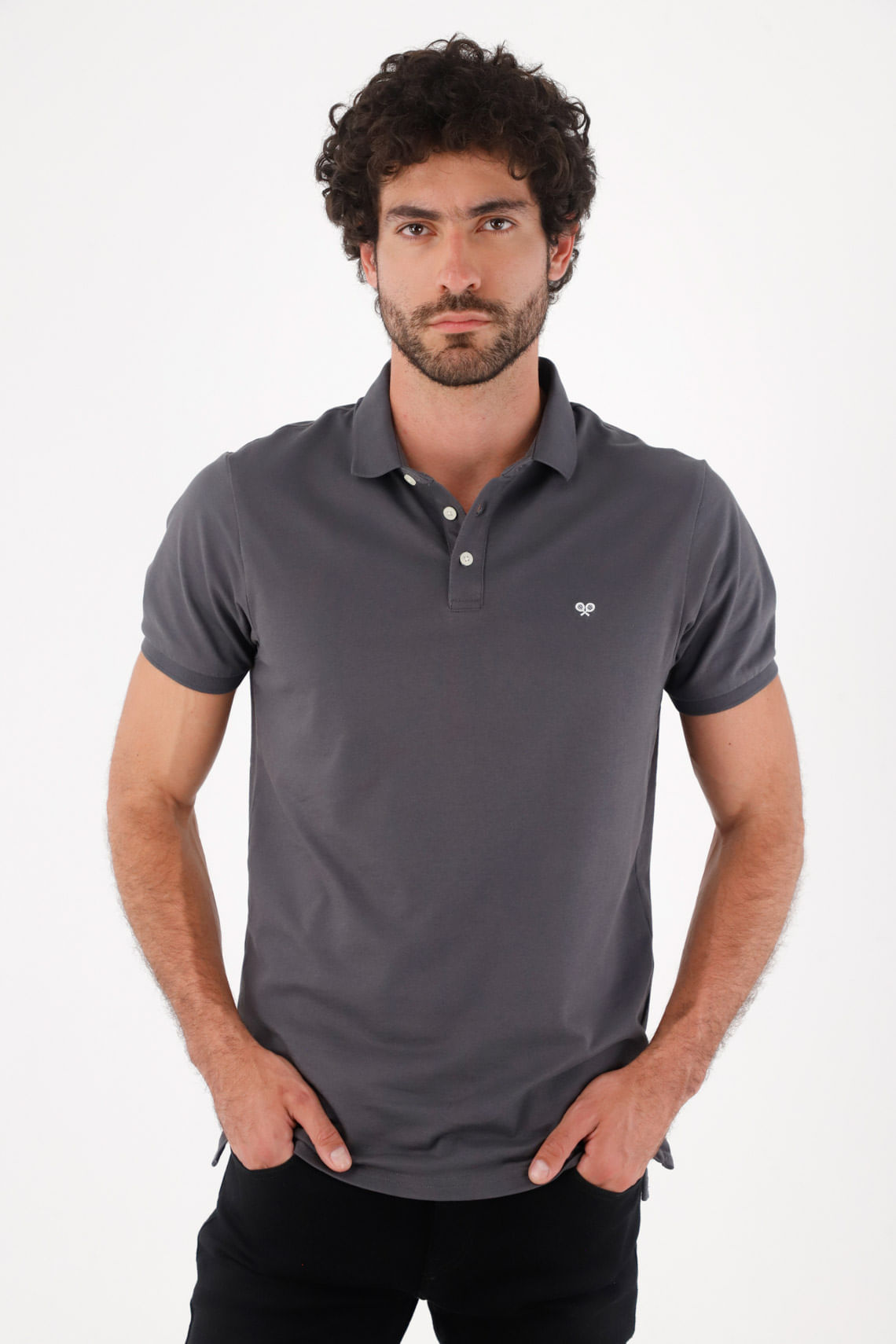 Polo para hombre de algodón gris oscuro fit regular con logo bordado