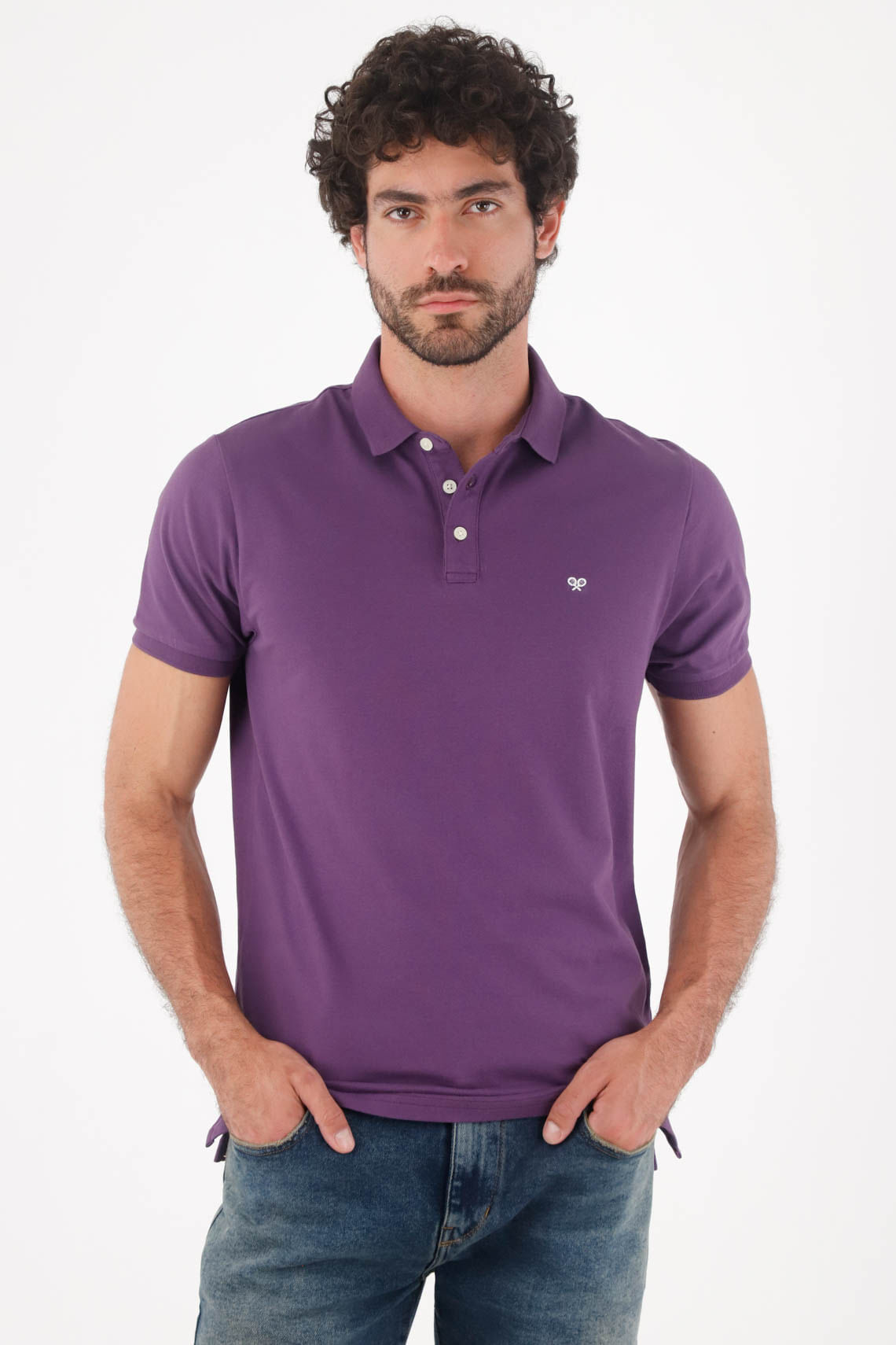 Polo para hombre de algodón morado fit regular con mini logo bordado