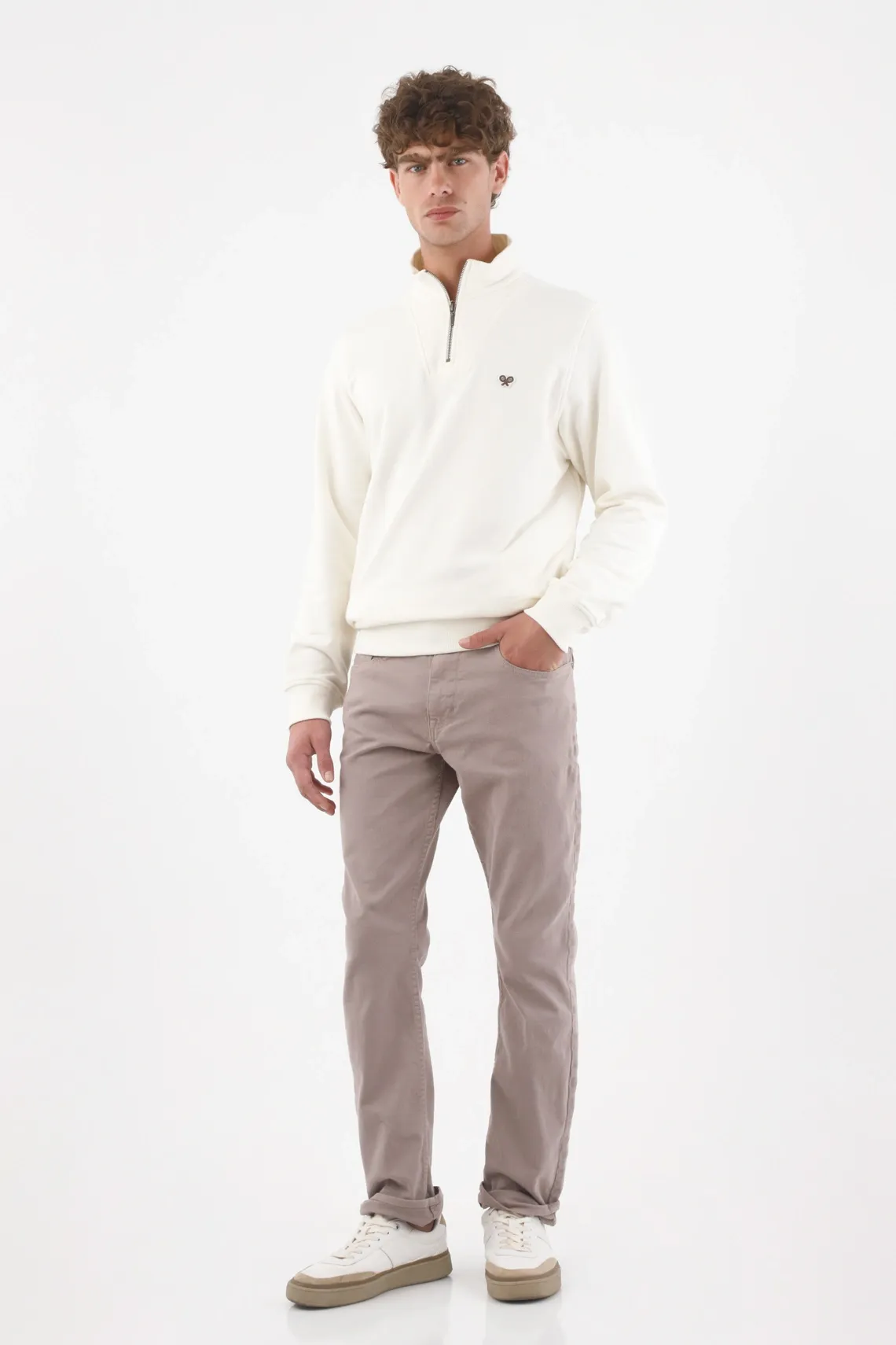 Pantalón chino para hombre de algodón gris topo fit recto con dobladillo vuelto