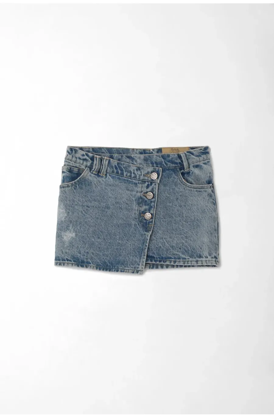 Falda mini para niña de algodón azul lavado fit recto con cruce y botones metálicos