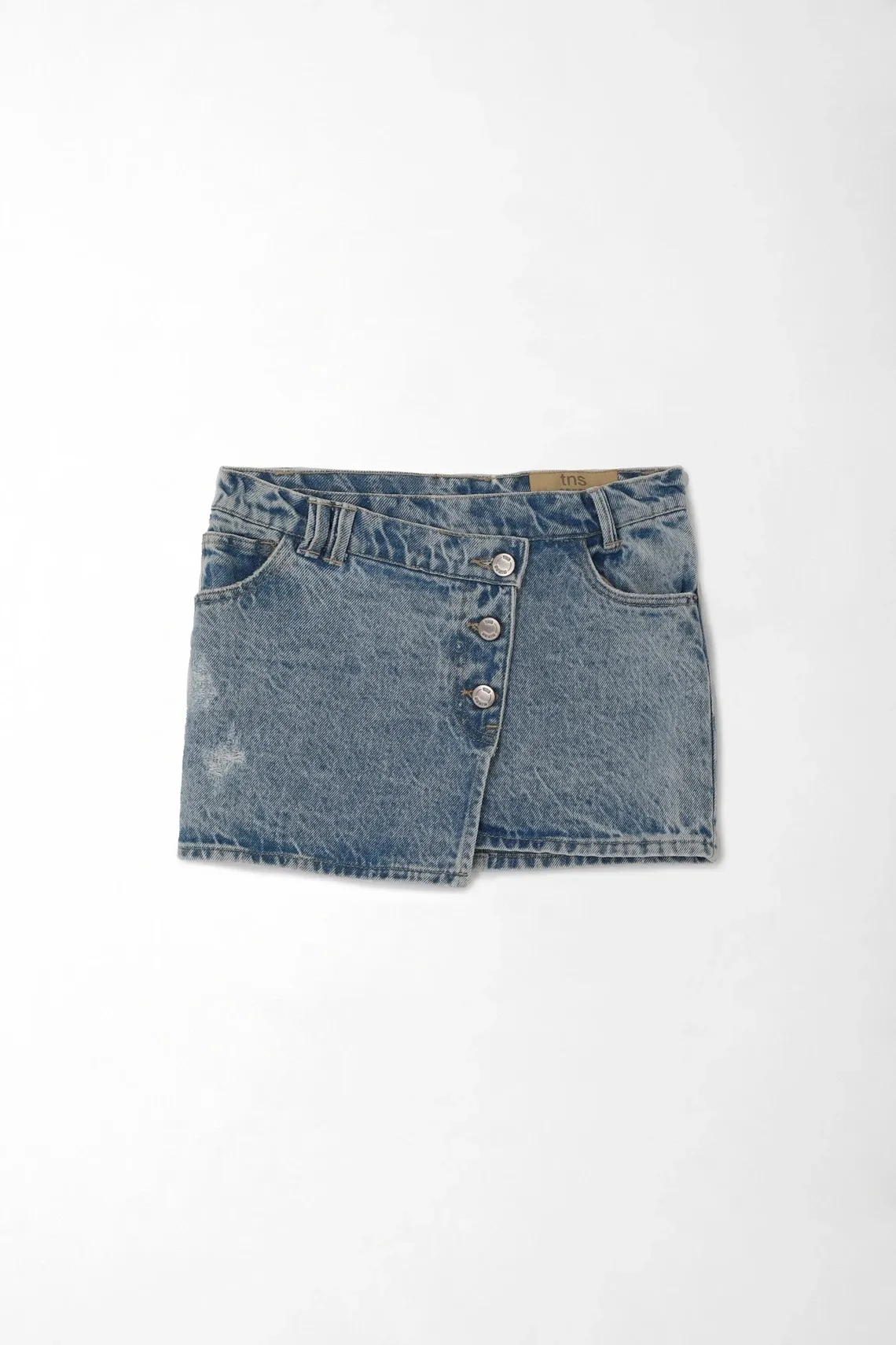 Falda mini para niña de algodón azul lavado fit recto con cruce y botones metálicos