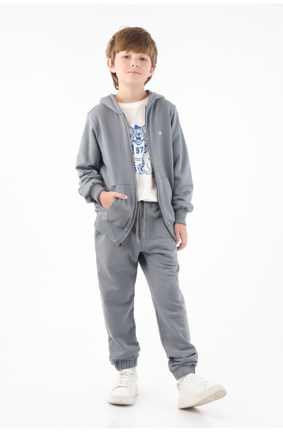 Pantalón jogger para niño de algodón gris fit relajado con cintura elástica con cordón