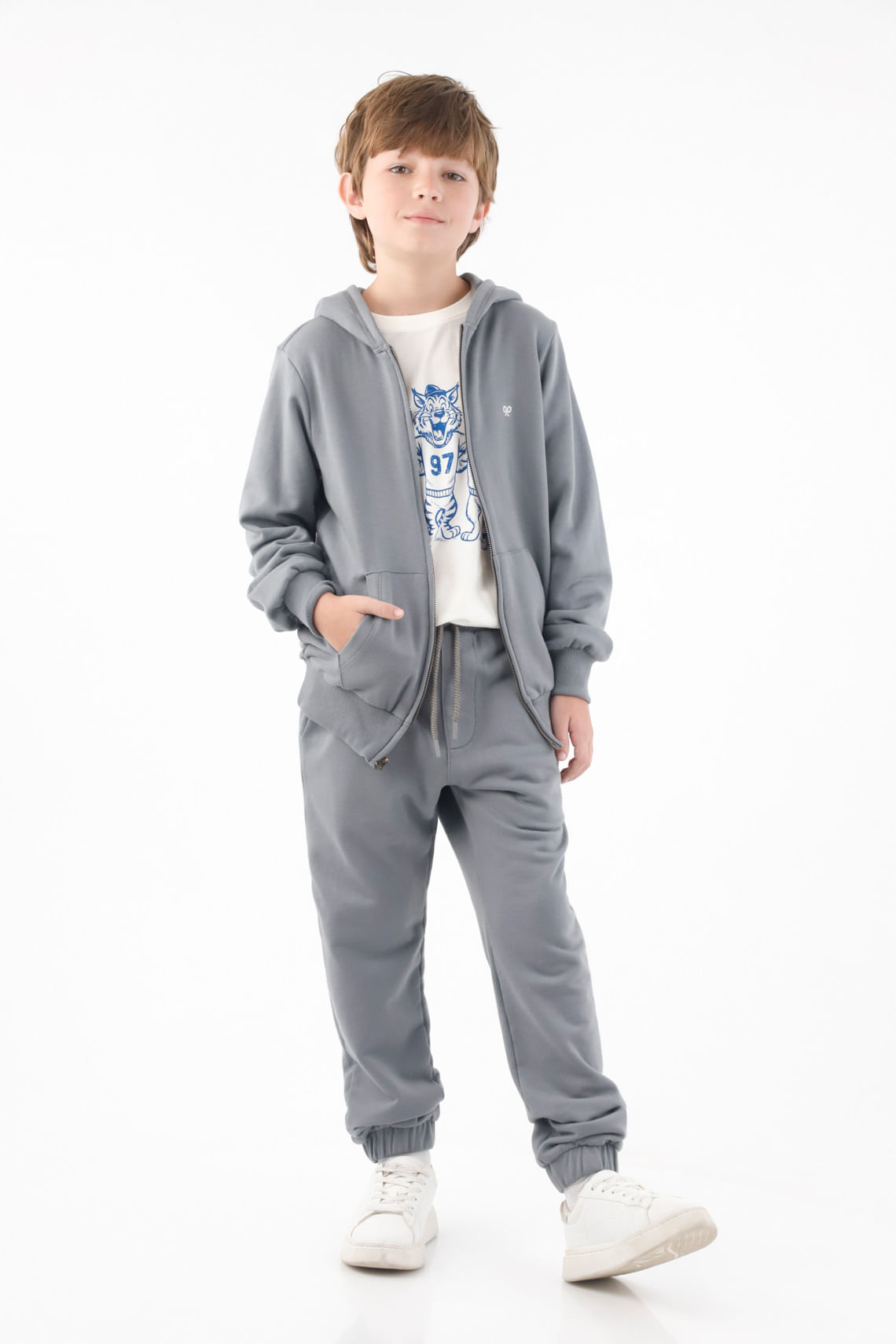 Pantalón jogger para niño de algodón gris fit relajado con cintura elástica con cordón