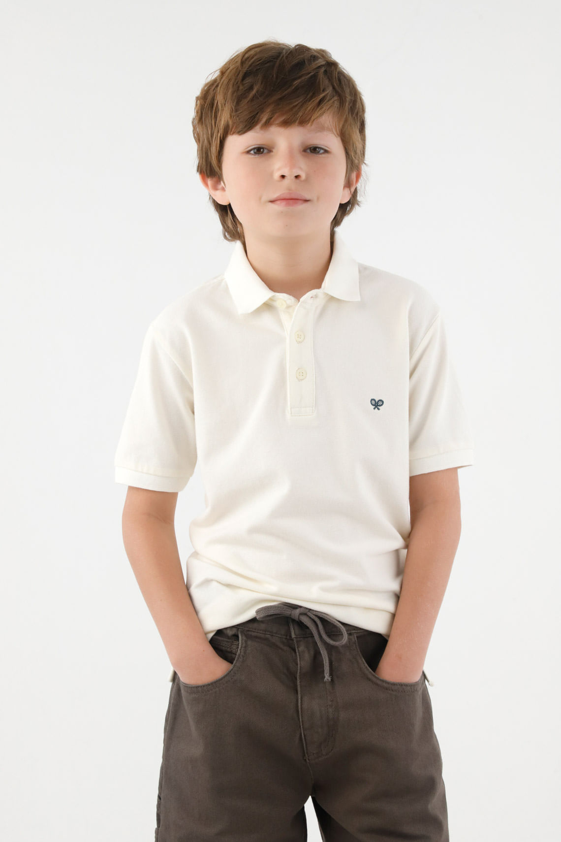 Polo para niño de algodón color crema regular fit con mini logo de raquetas