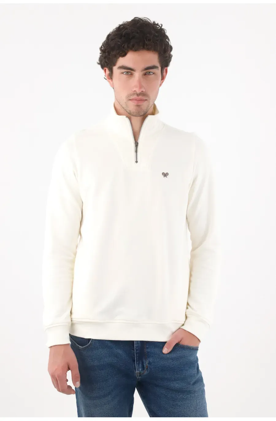Buzo para hombre de algodón blanco crudo fit clásico con bordado de raquetas