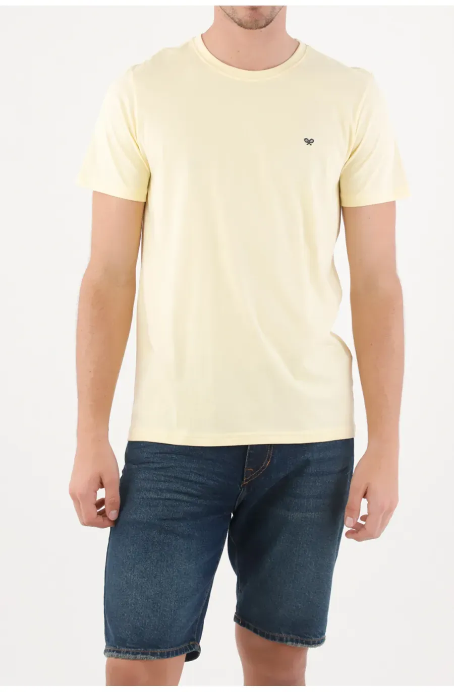 Camiseta para hombre de algodón amarillo pastel regular fit con mini ícono en pecho