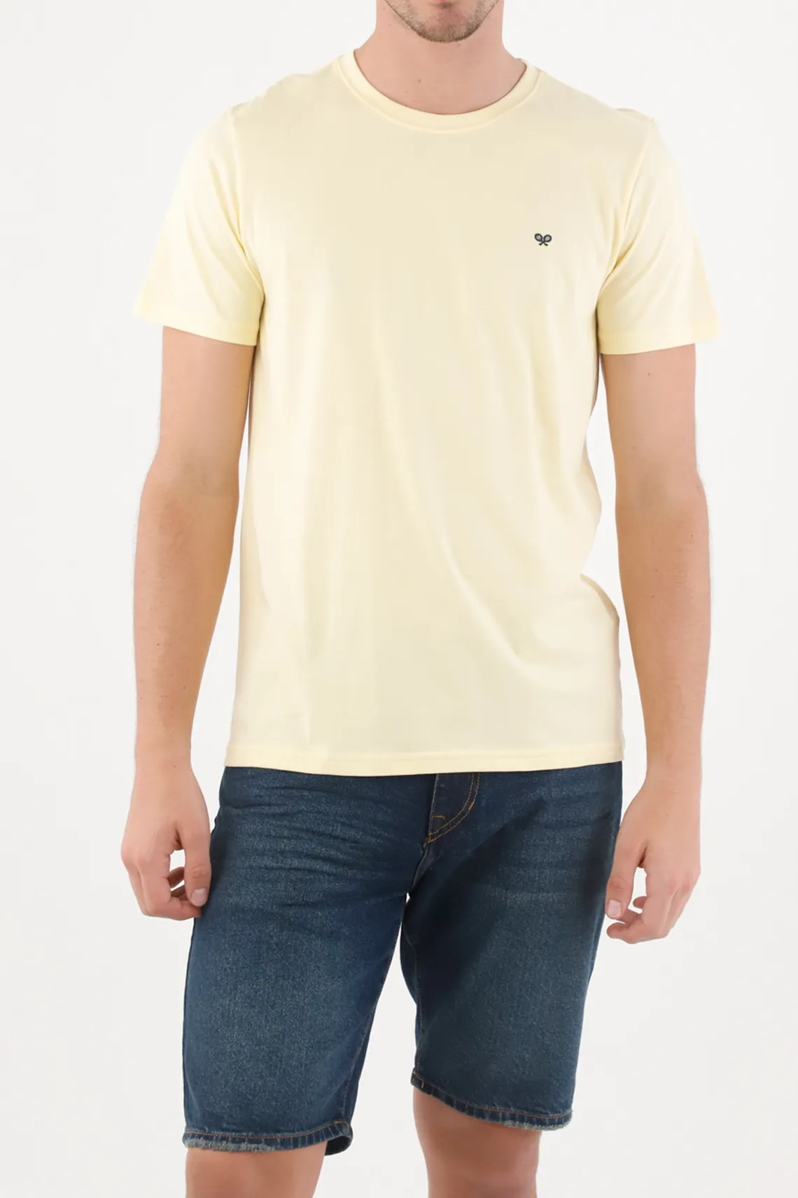 Camiseta para hombre de algodón amarillo pastel regular fit con mini ícono en pecho