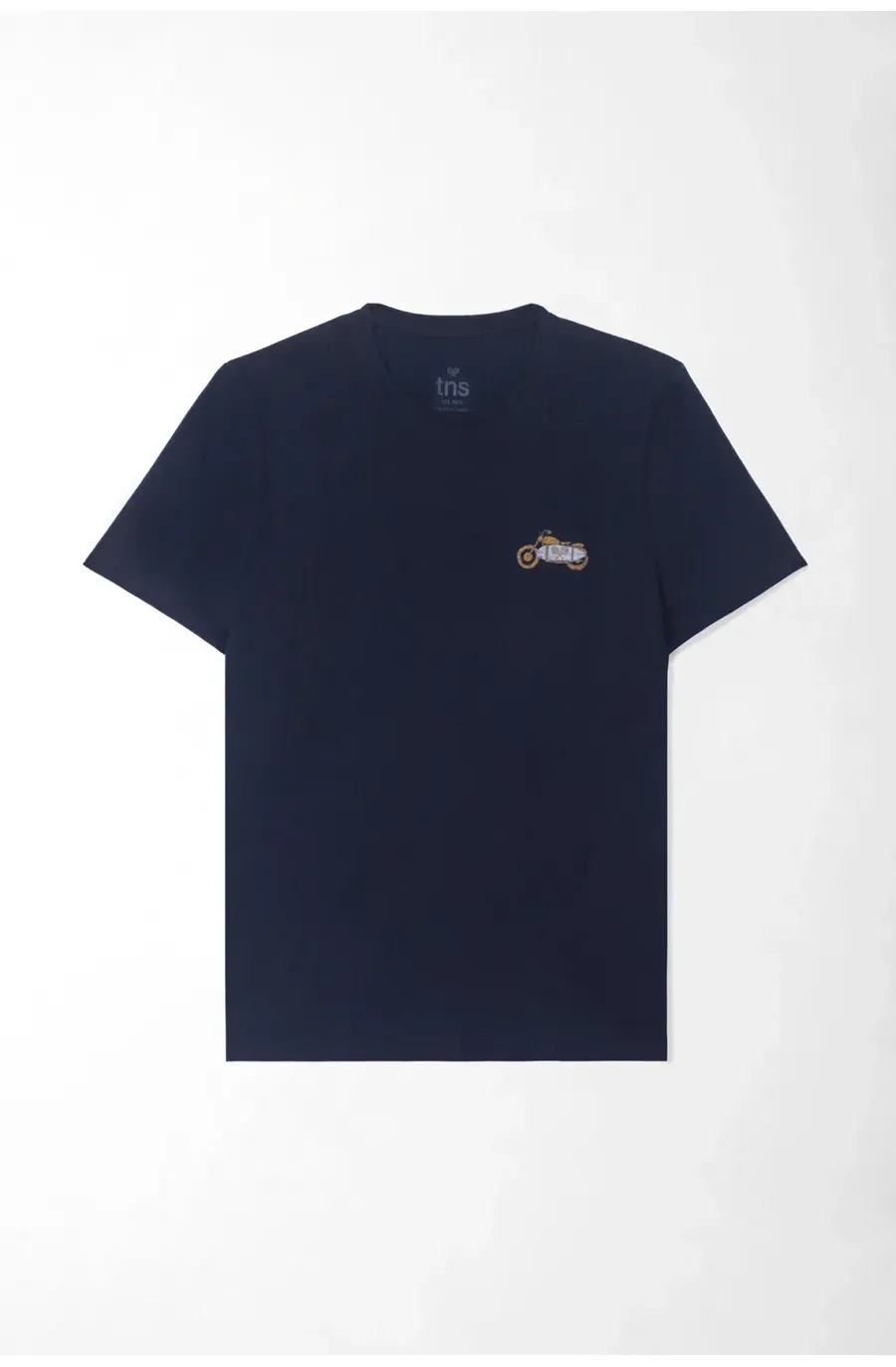 Camiseta fit clásico con mini gráfico de moto en algodón azul marino para hombre