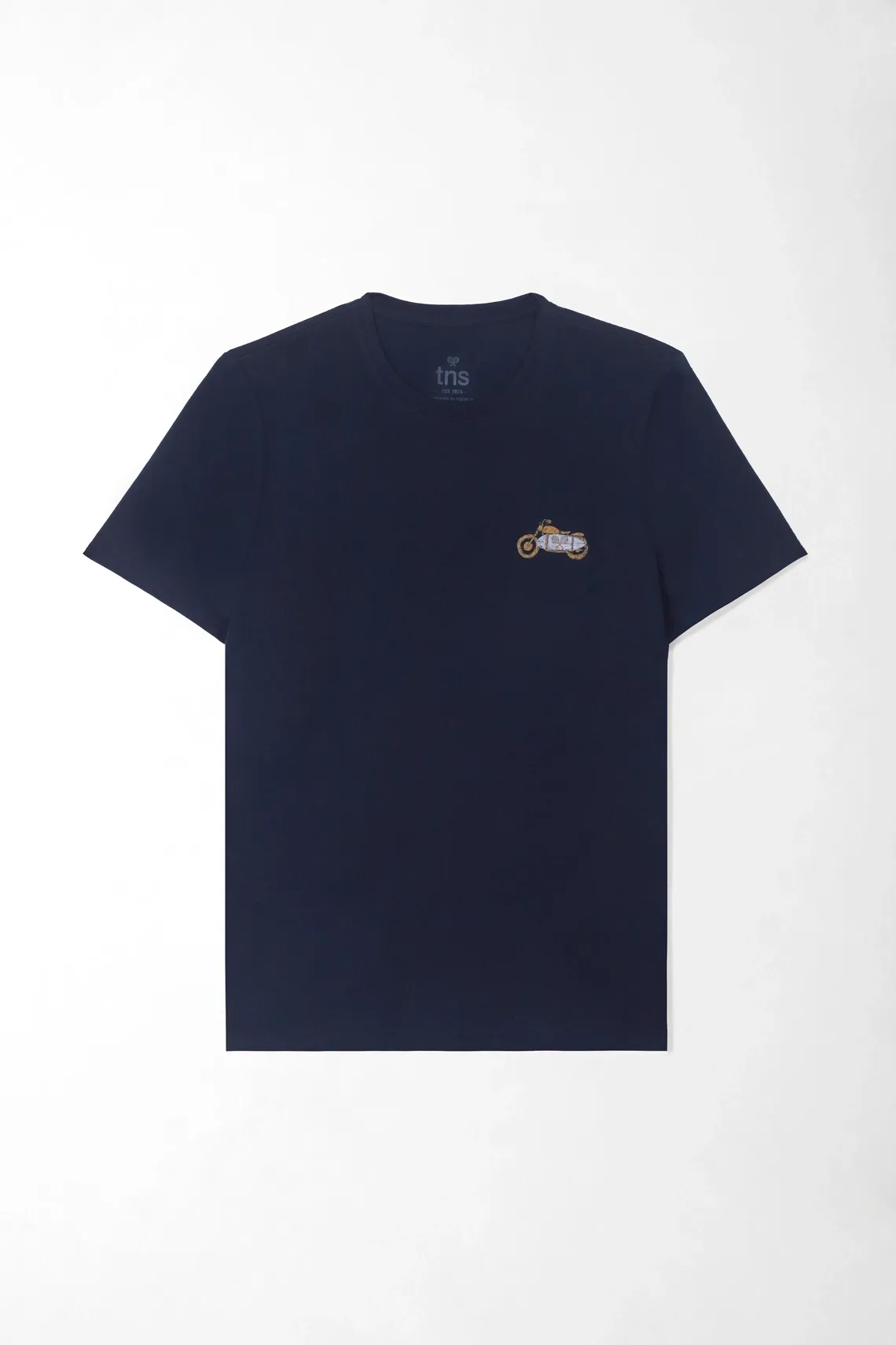 Camiseta fit clásico con mini gráfico de moto en algodón azul marino para hombre