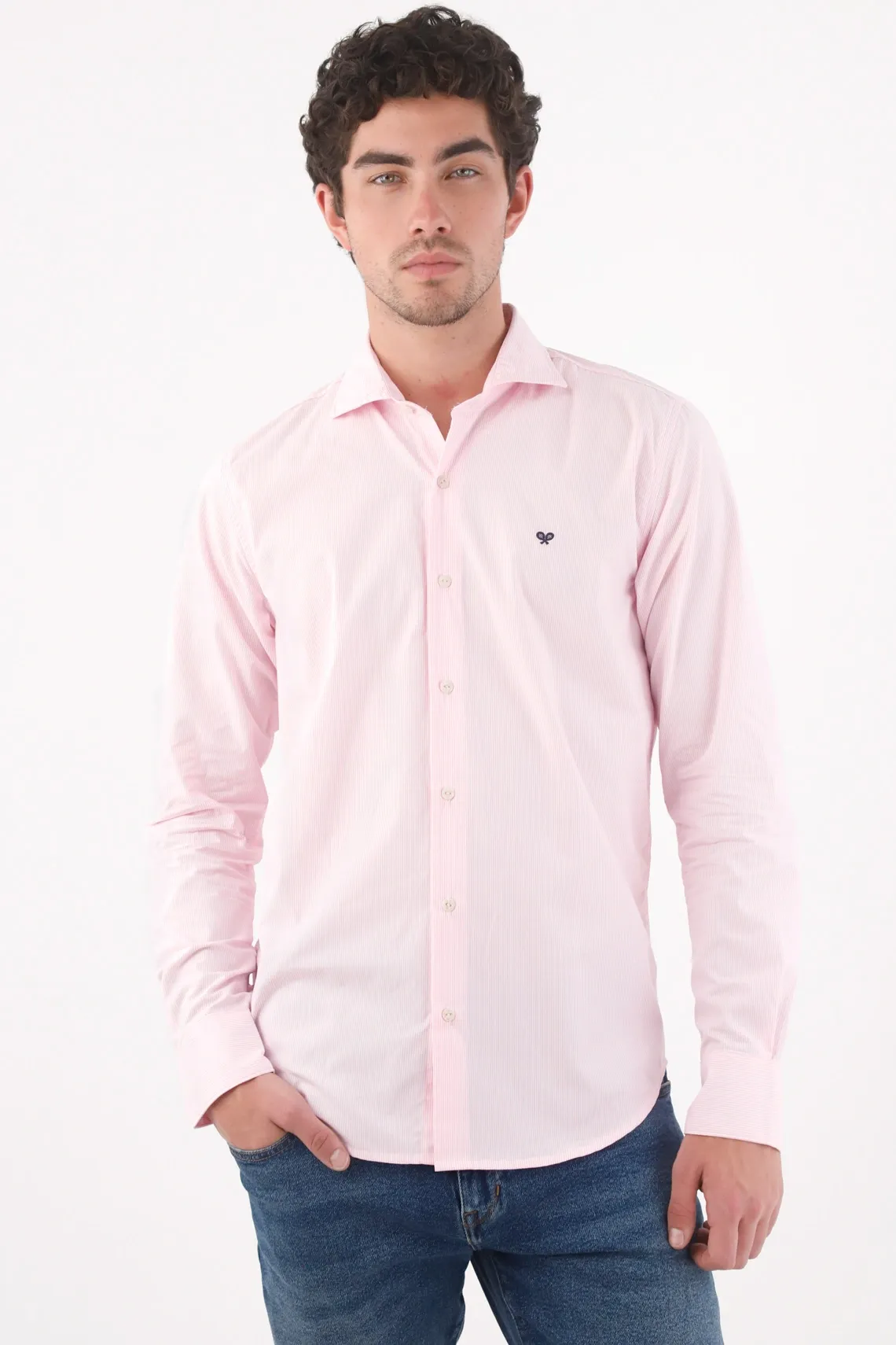 Camisa fit clásico con logo bordado en algodón rosa claro para hombre
