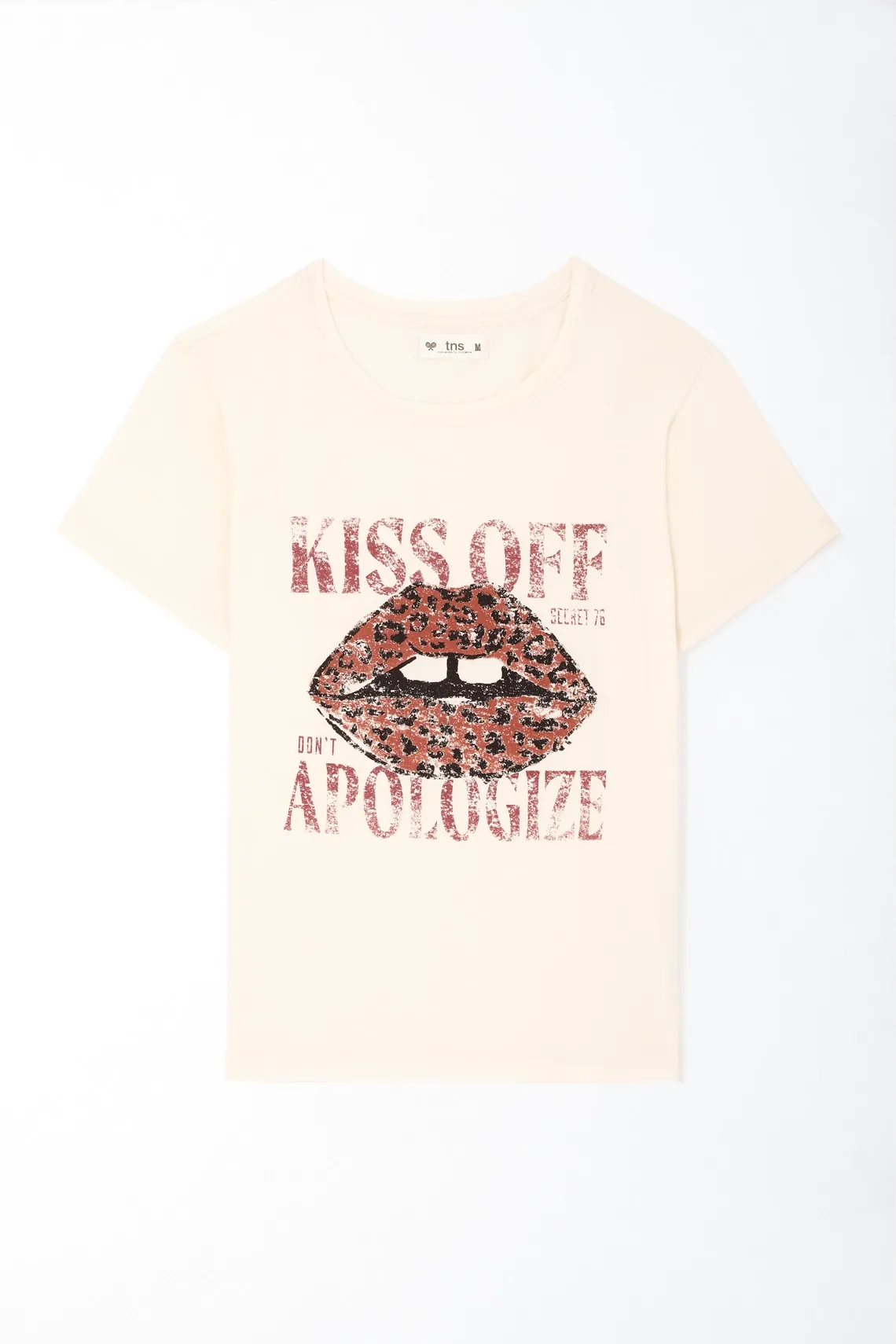 Camiseta fit recto con gráfico de labios en algodón crema para mujer