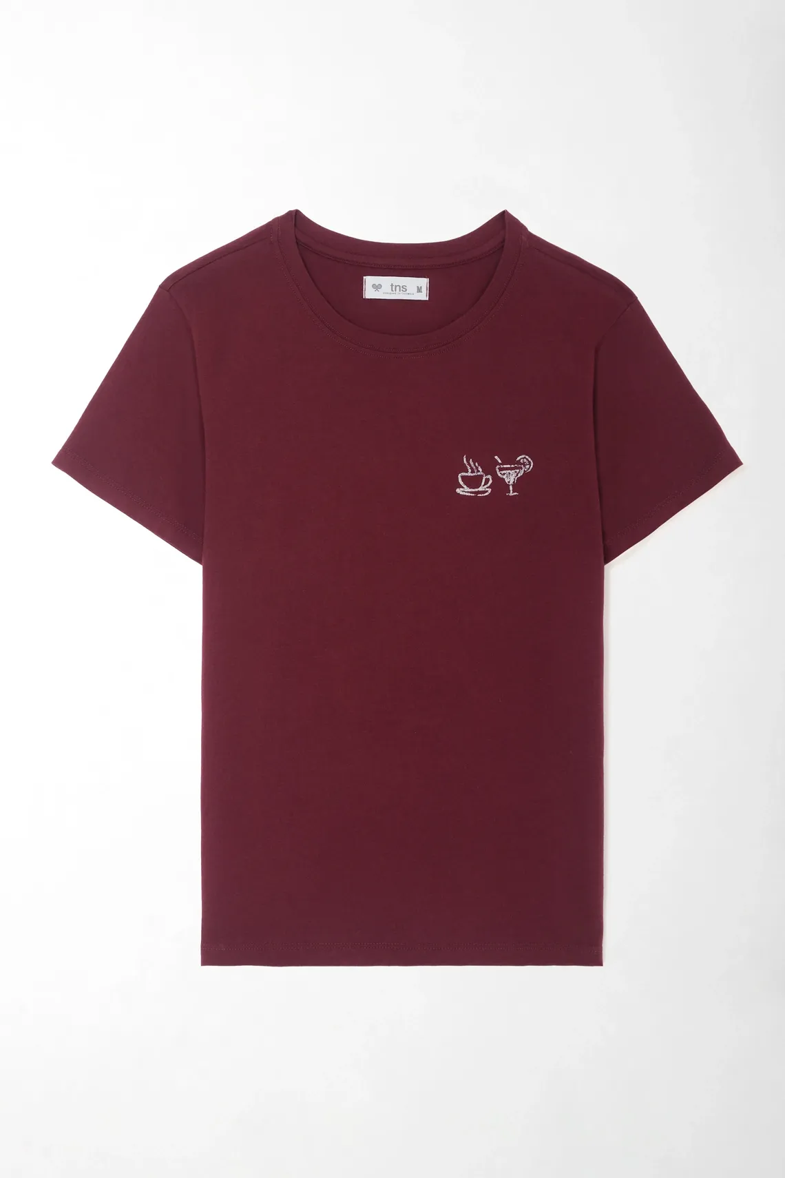 Camiseta fit recto con gráfico mini café y cóctel de algodón vinotinto para mujer