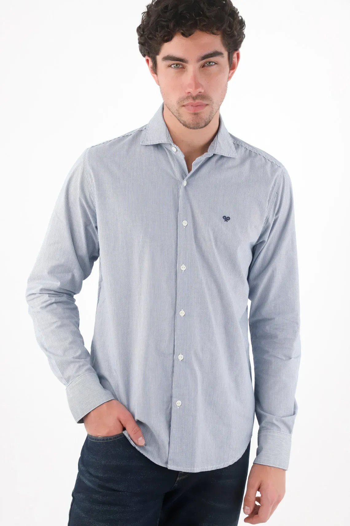 Camisa regular fit con microrayas en algodón azul claro para hombre