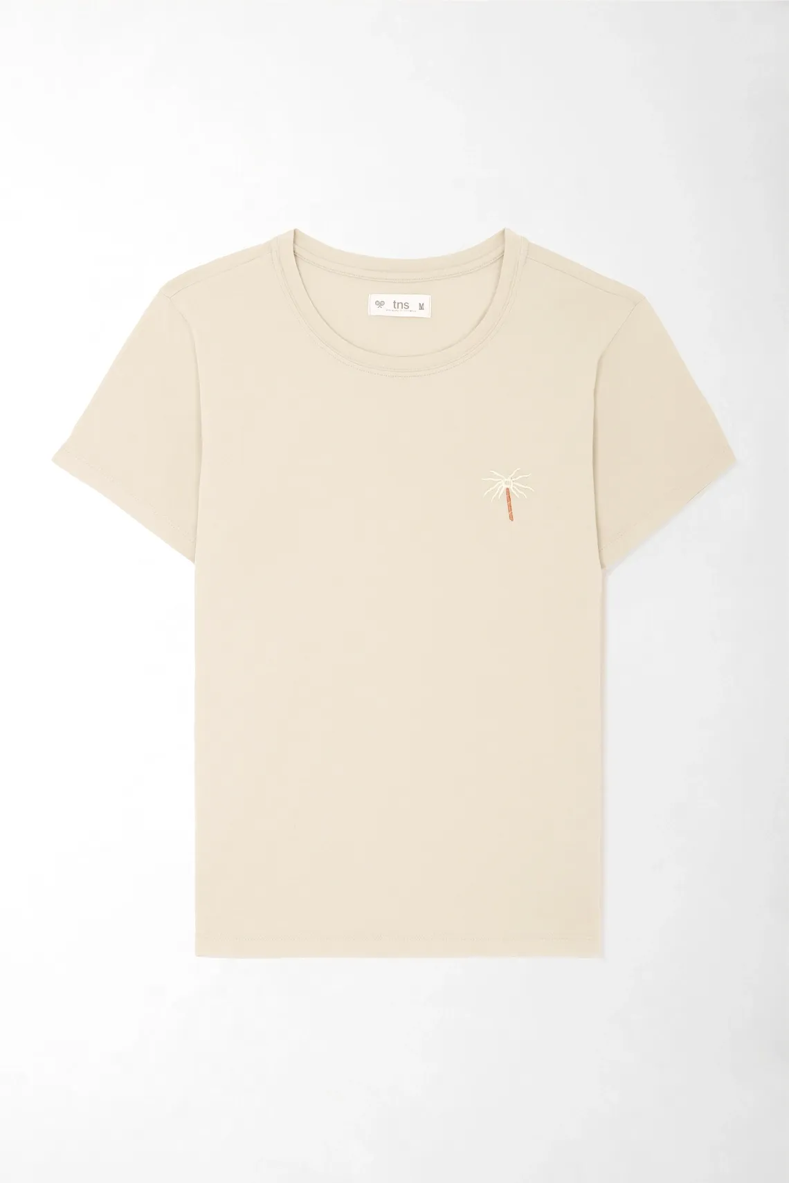 Camiseta clásica con mini bordado de palmera en algodón beige para mujer