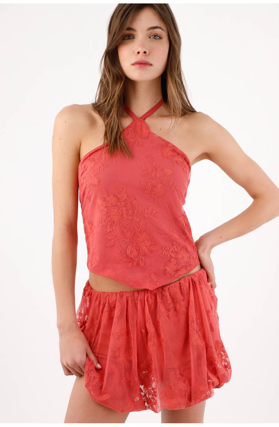 Top halter holgado con escote cruzado en poliamida coral para mujer