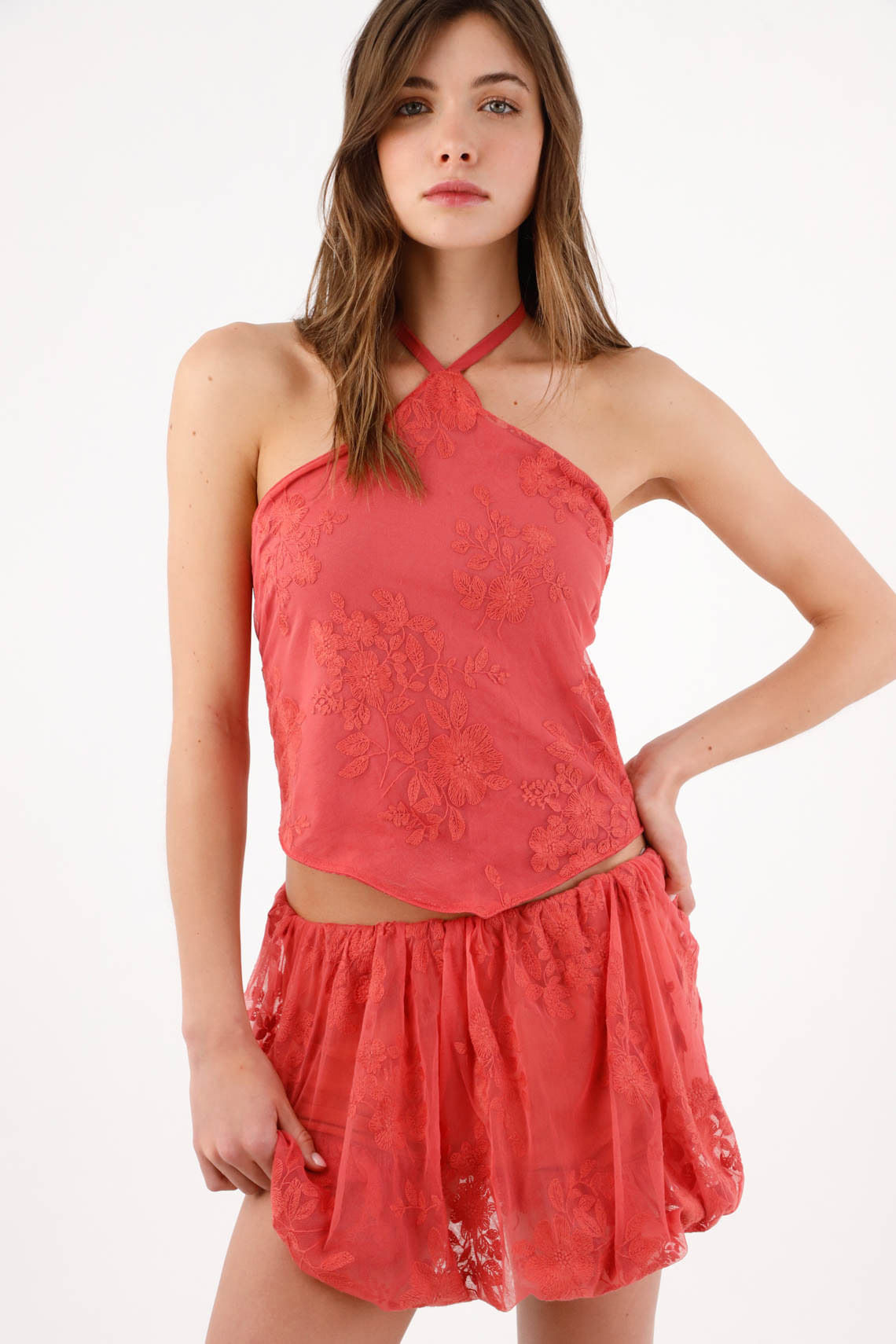 Top halter holgado con escote cruzado en poliamida coral para mujer