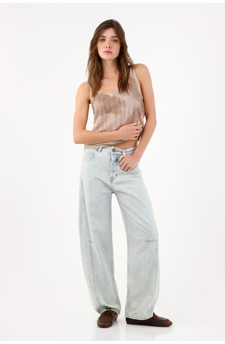 Jean wide leg con costuras paneladas en algodón azul claro para mujer