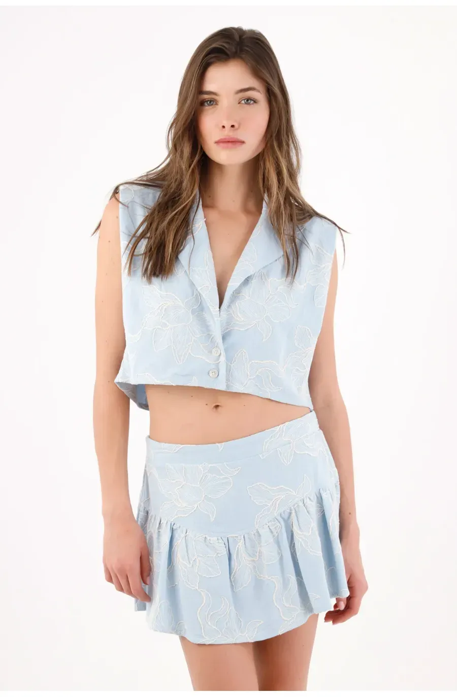 Falda mini en A con bordado floral en lino azul cielo para mujer