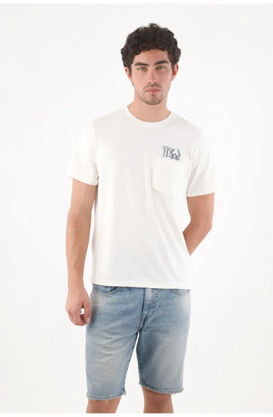 Camiseta regular fit con bolsillo y mini gráfico de algodón blanco para hombre