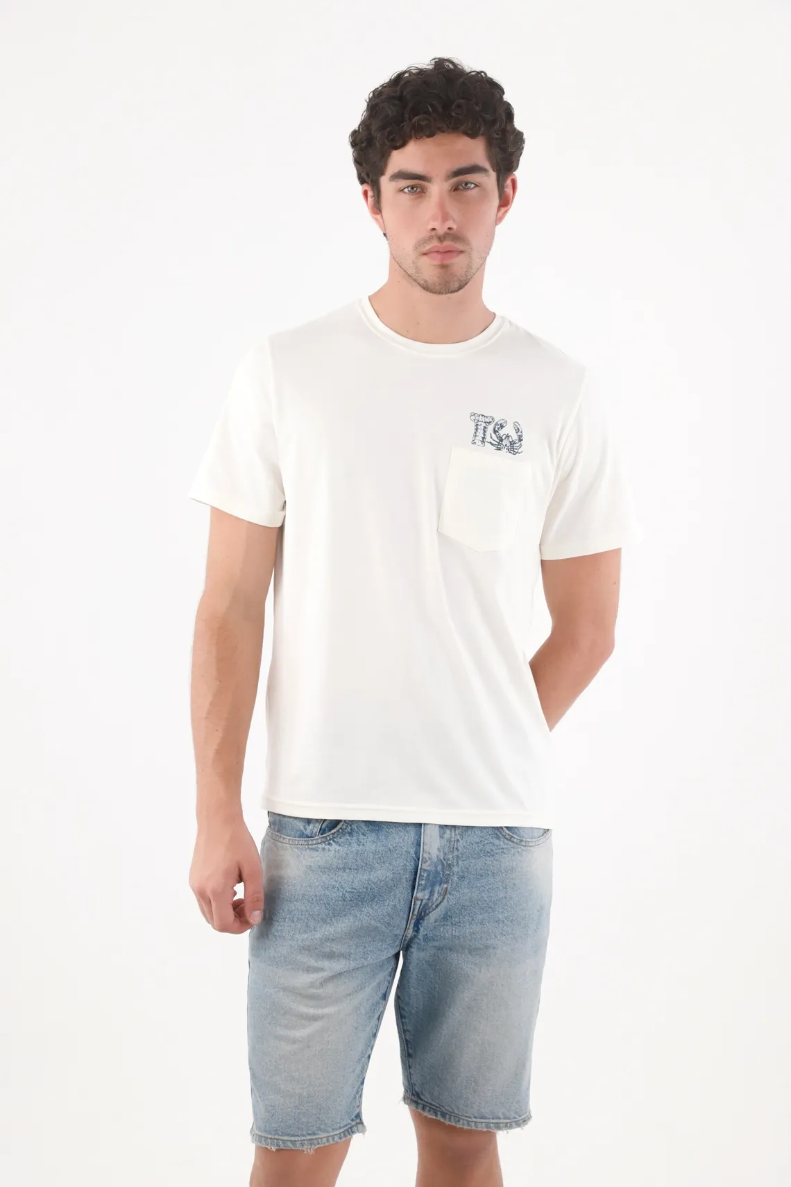 Camiseta regular fit con bolsillo y mini gráfico de algodón blanco para hombre