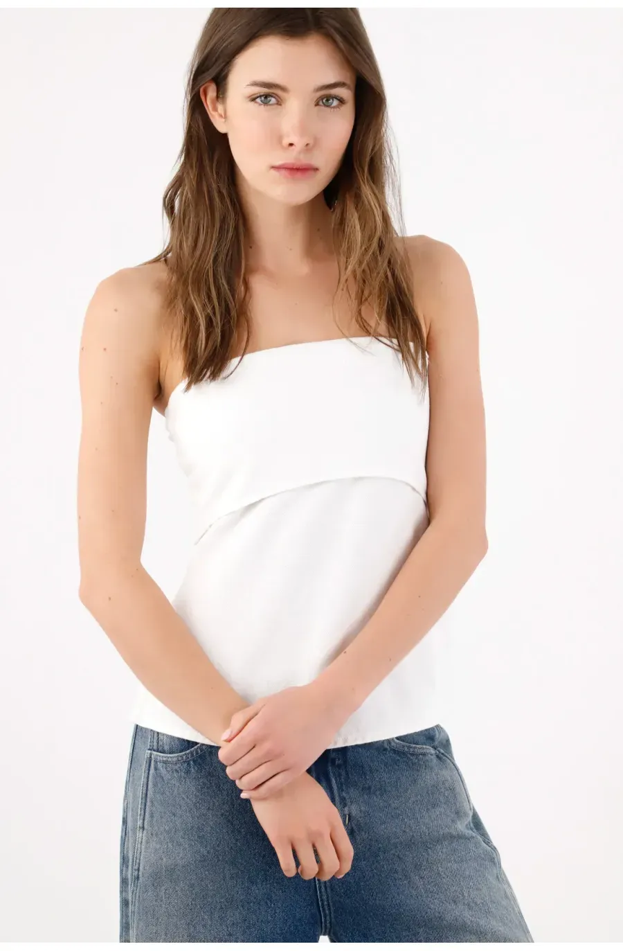 Top strapless recto con doblez frontal en algodón blanco para mujer