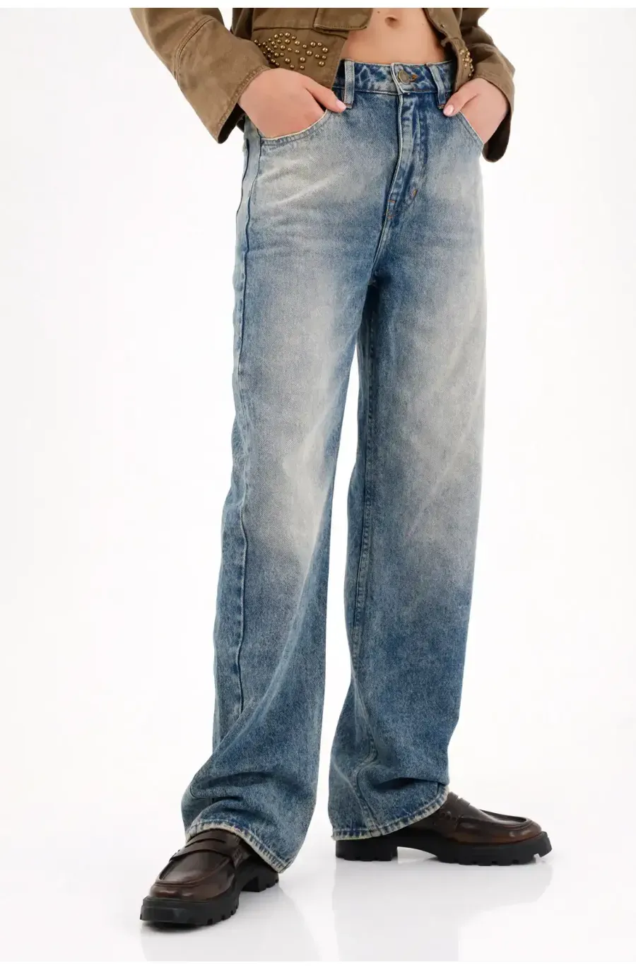 Jean recto con lavado vintage contrastado de algodón azul para mujer