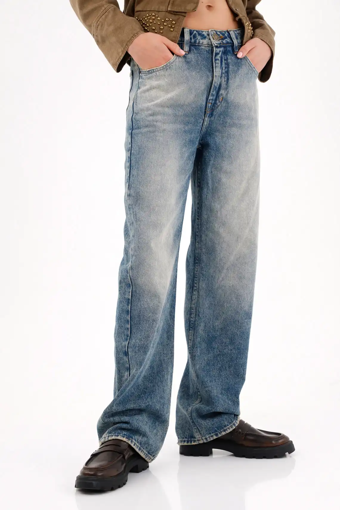 Jean recto con lavado vintage contrastado de algodón azul para mujer