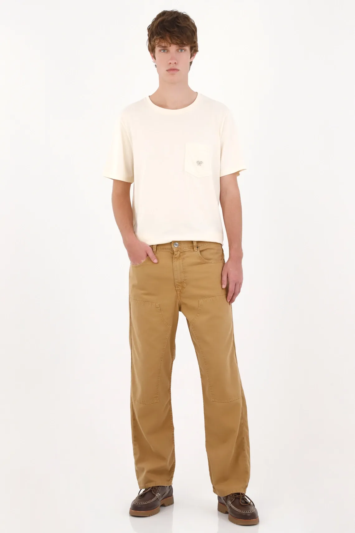 Pantalón recto con paneles utilitarios en algodón camel para hombre