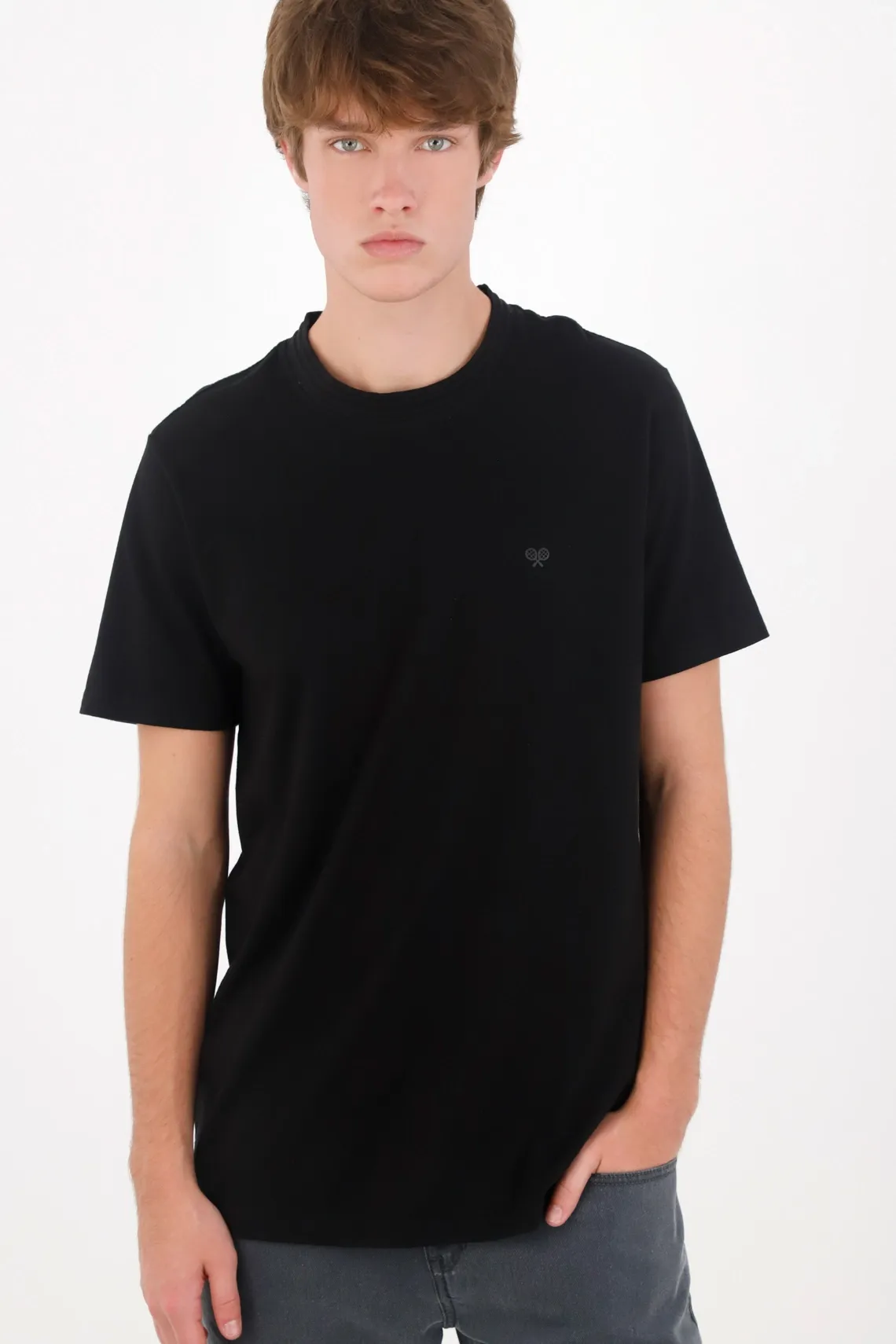 Camiseta regular fit con logo de raquetas en algodón negro para hombre
