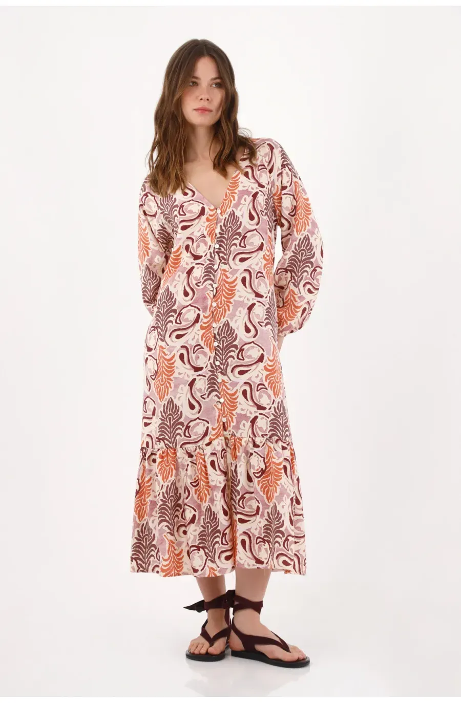 Vestido midi holgado con hojas en terracota para mujer
