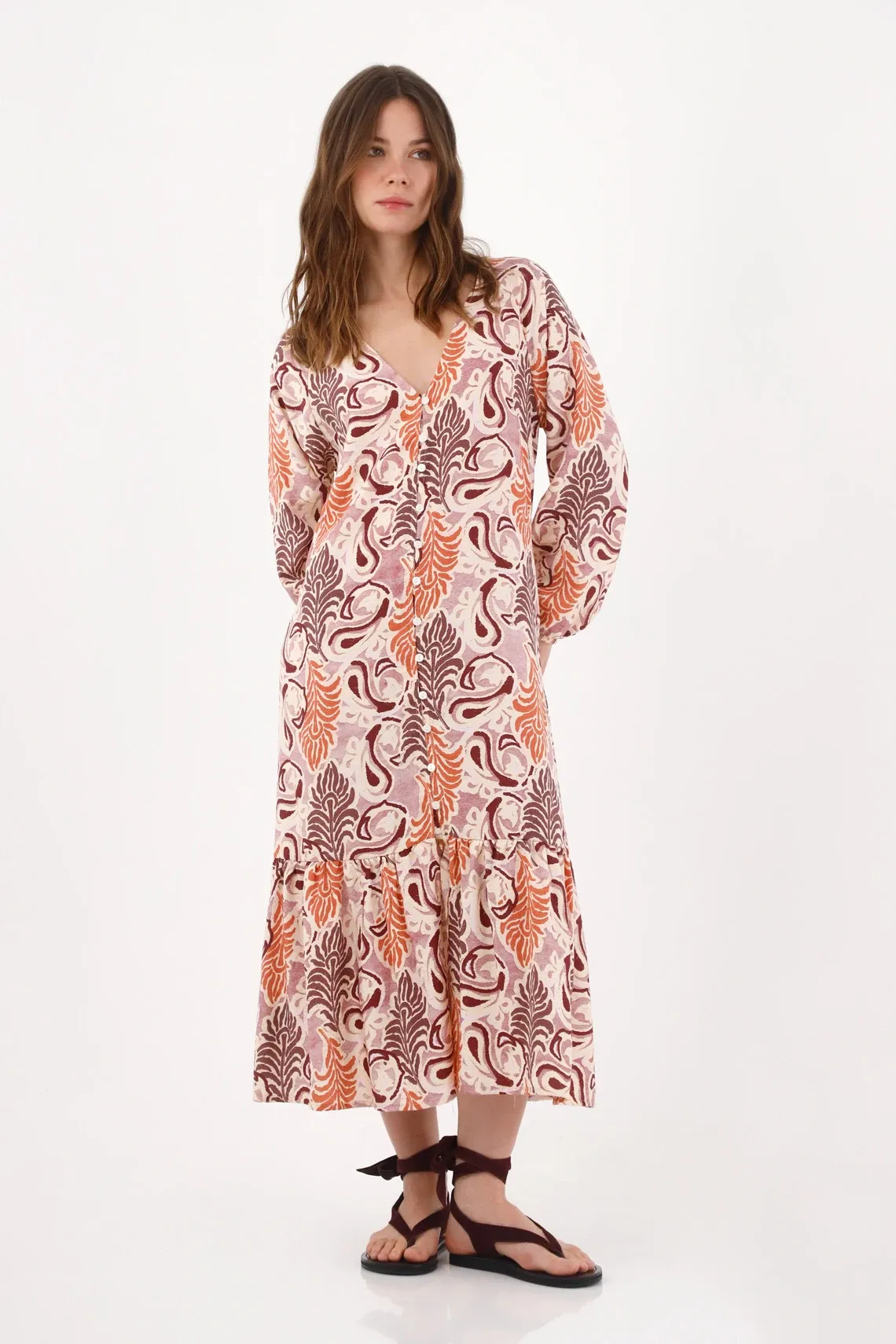 Vestido midi holgado con hojas en terracota para mujer