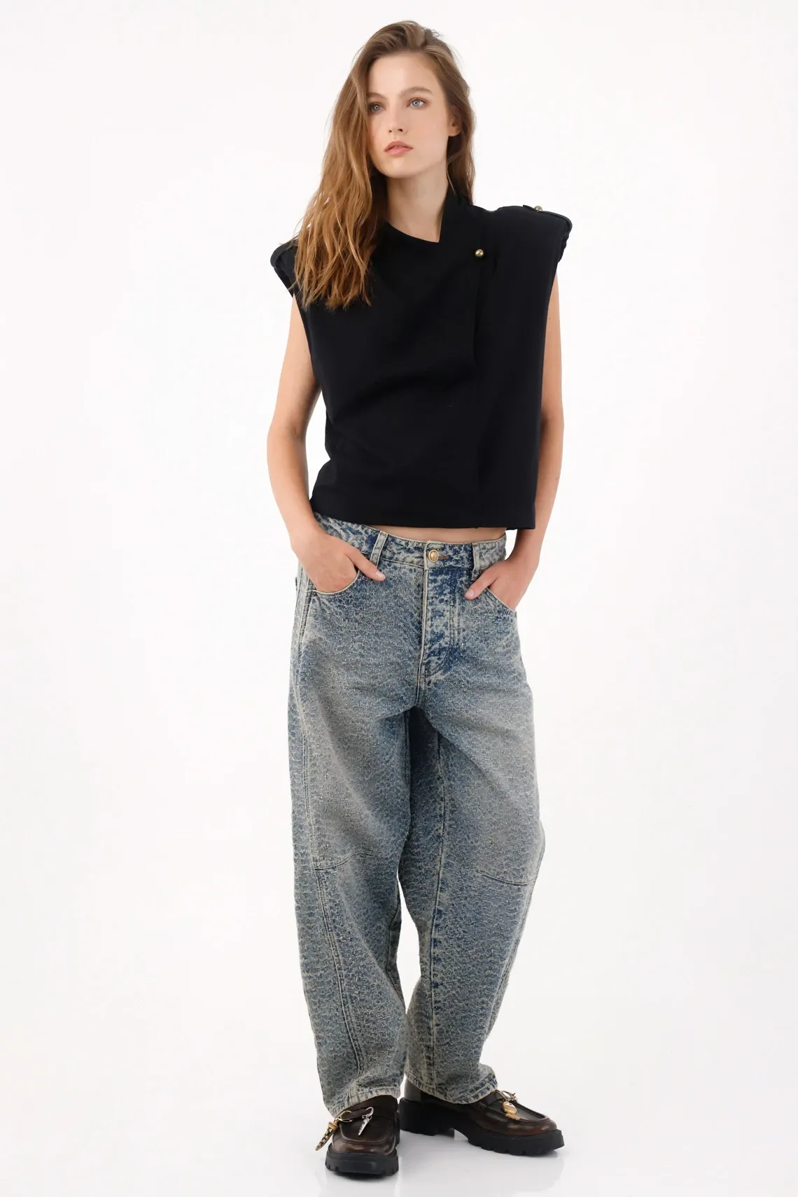 Jean horseshoe con lavado marmoleado en denim de algodón azul para mujer