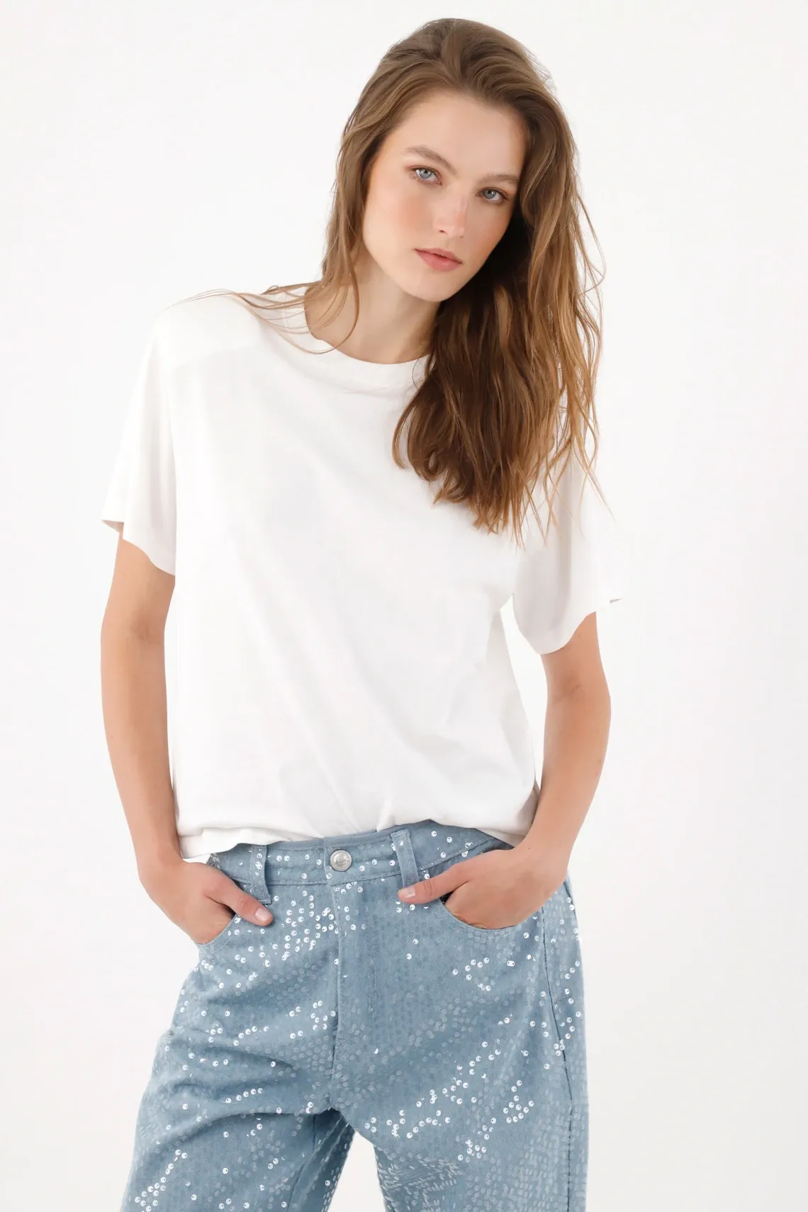 Camiseta con hombreras con cuello redondo en algodón blanco para mujer