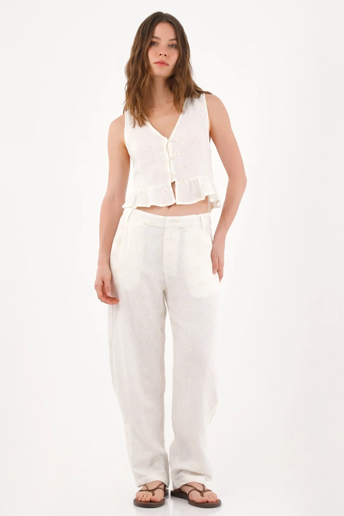 Pantalón recto con tela bordada en algodón blanco para mujer