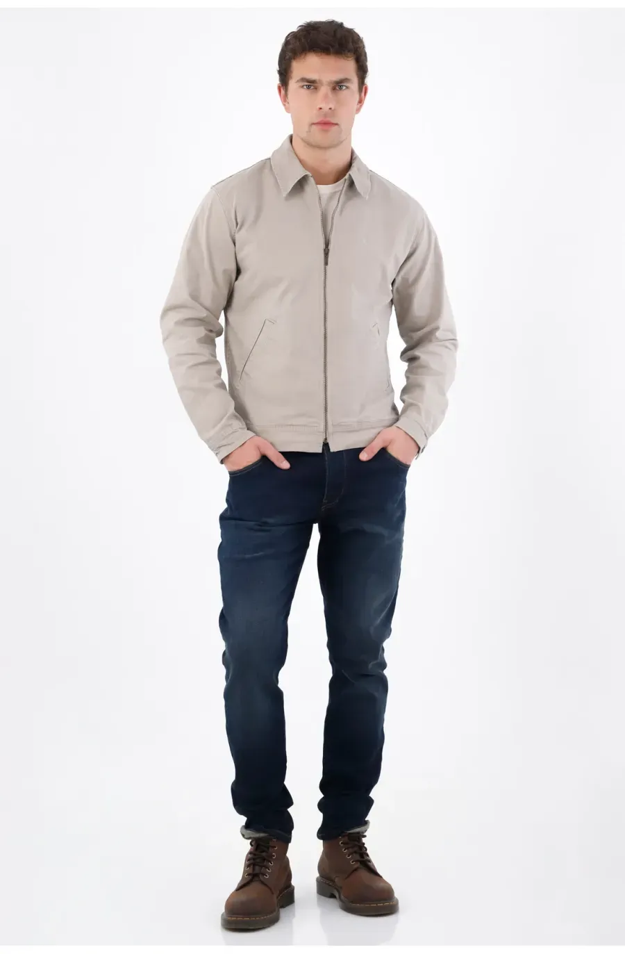 Abrigo fit recto con cuello camisero limpio de algodón beige para hombre
