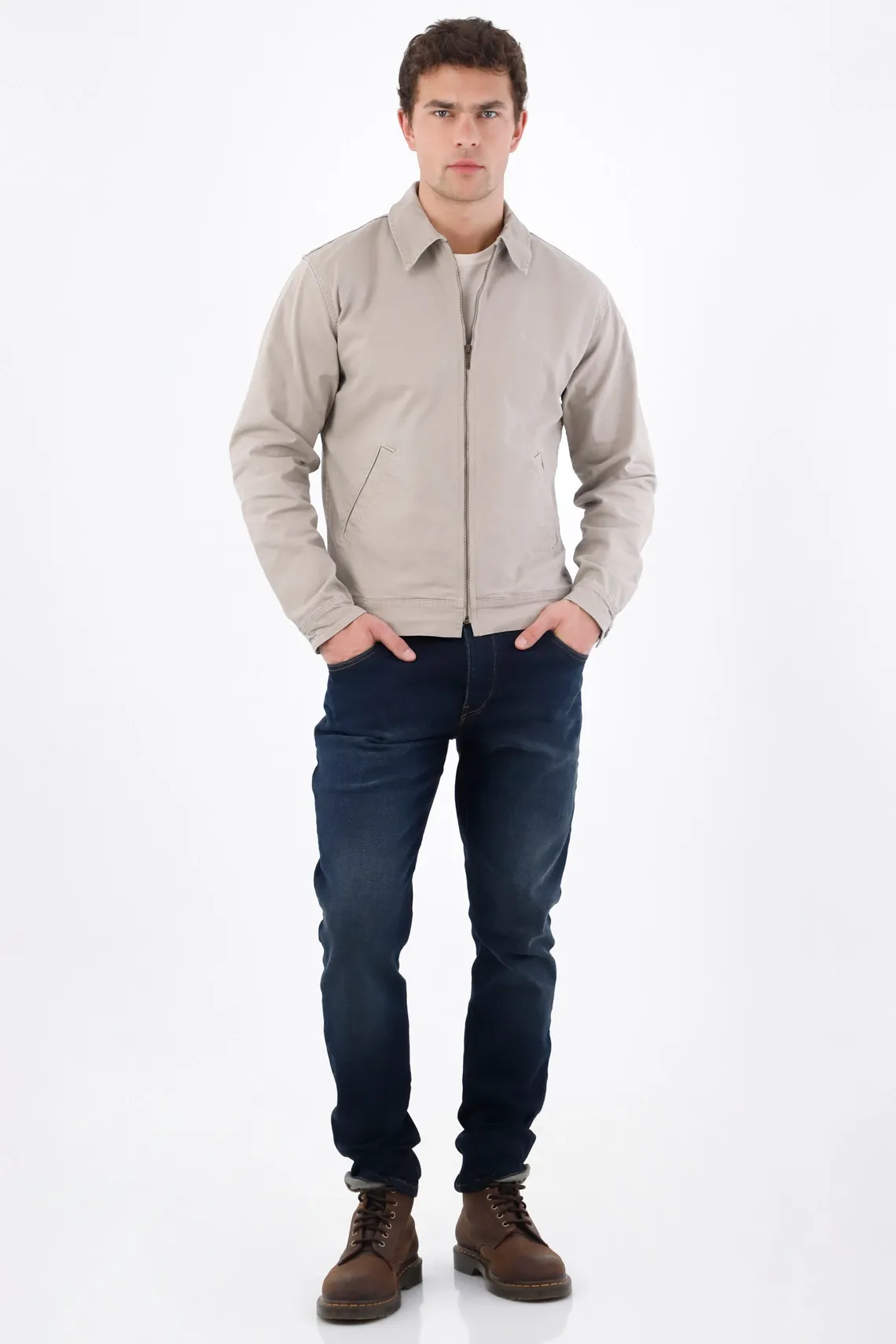 Abrigo fit recto con cuello camisero limpio de algodón beige para hombre