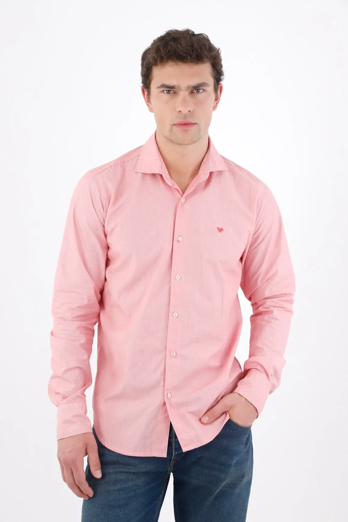 Camisa fit regular con micro rayas en algodón rosa para hombre