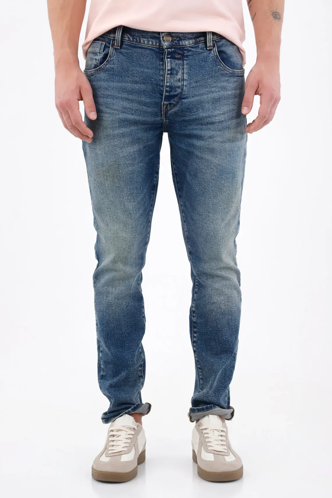 Jean skinny con lavado desgastado en denim de algodón azul medio para hombre