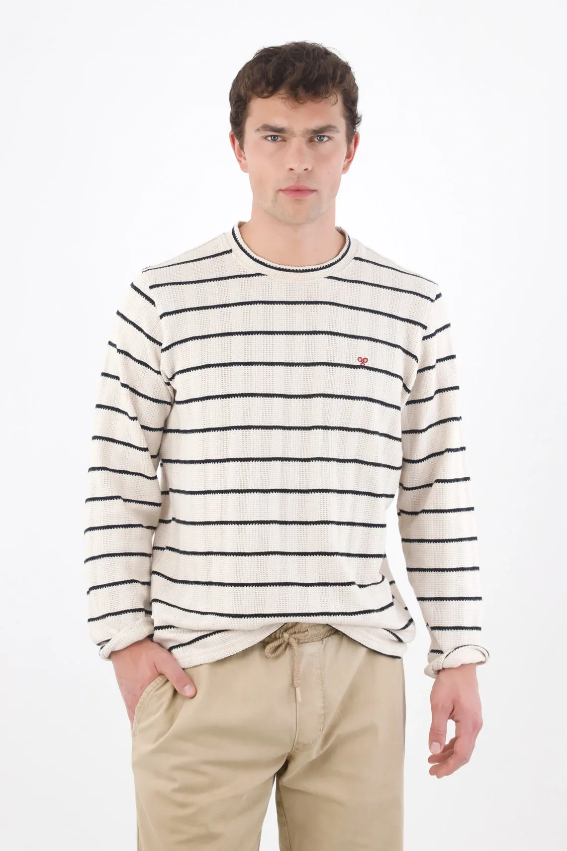 Buzo relajado con textura waffle en algodón crudo con rayas para hombre