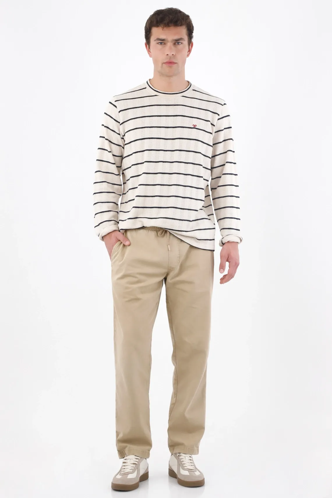 Pantalón recto con cintura elástica de algodón caqui para hombre