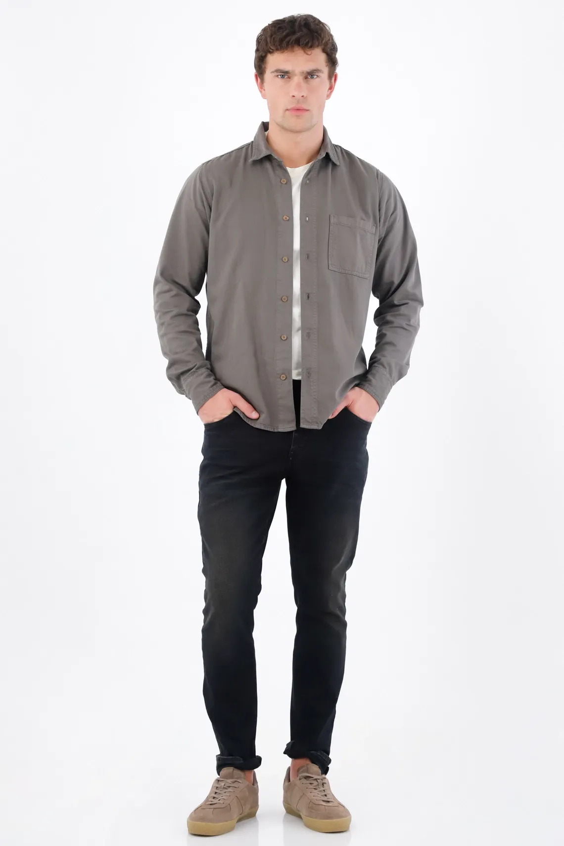 Camisa regular fit con botones efecto madera de algodón gris topo para hombre