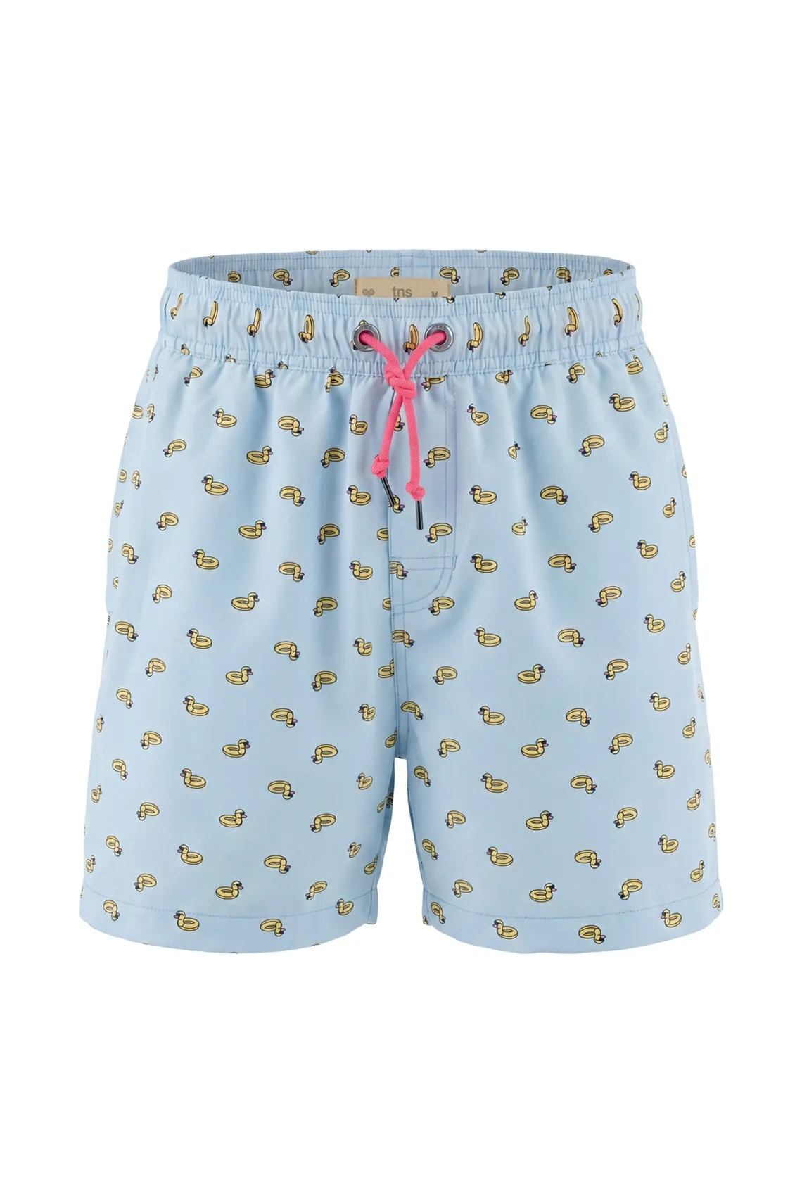 Pantaloneta de baño fit regular con print de patitos en azul claro para hombre