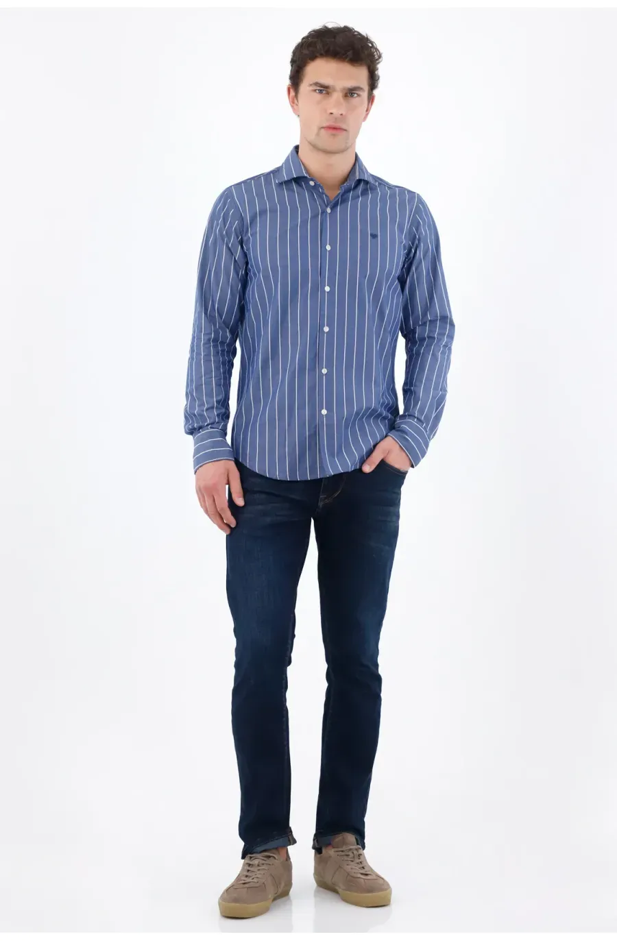 Camisa regular con rayas verticales en algodón azul para hombre