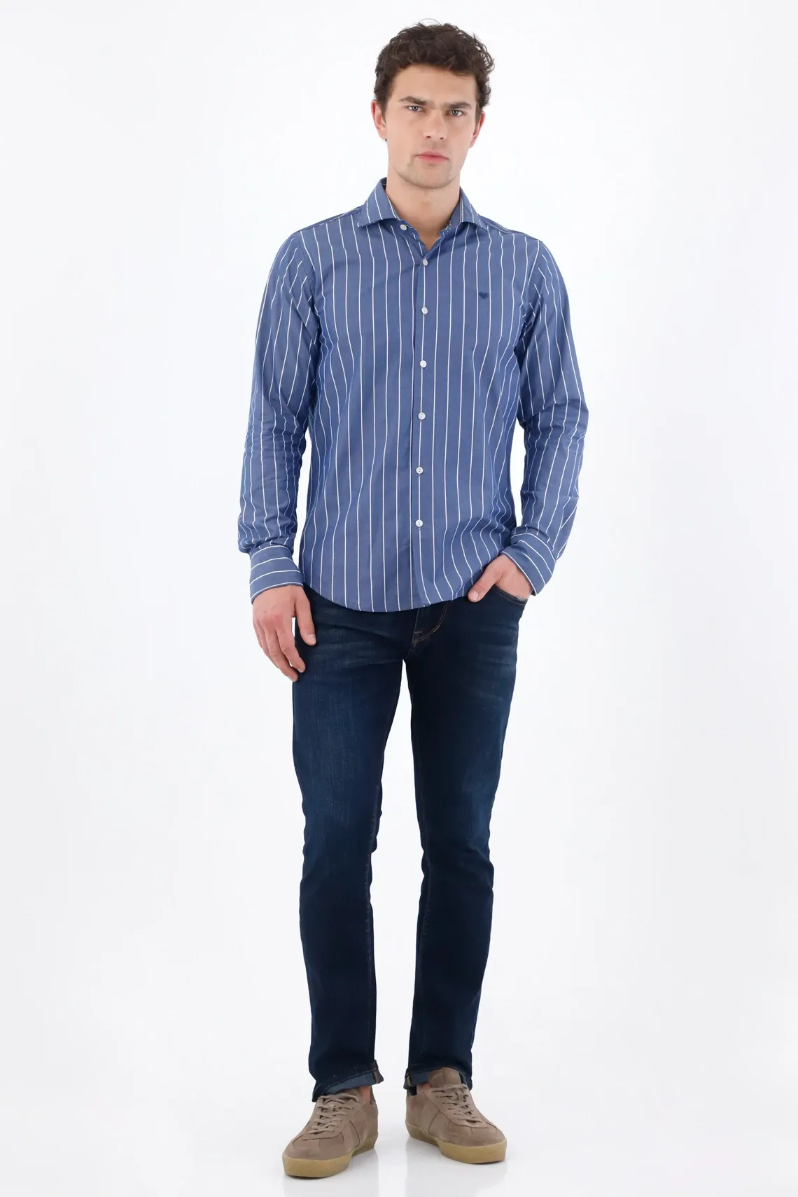 Camisa regular con rayas verticales en algodón azul para hombre