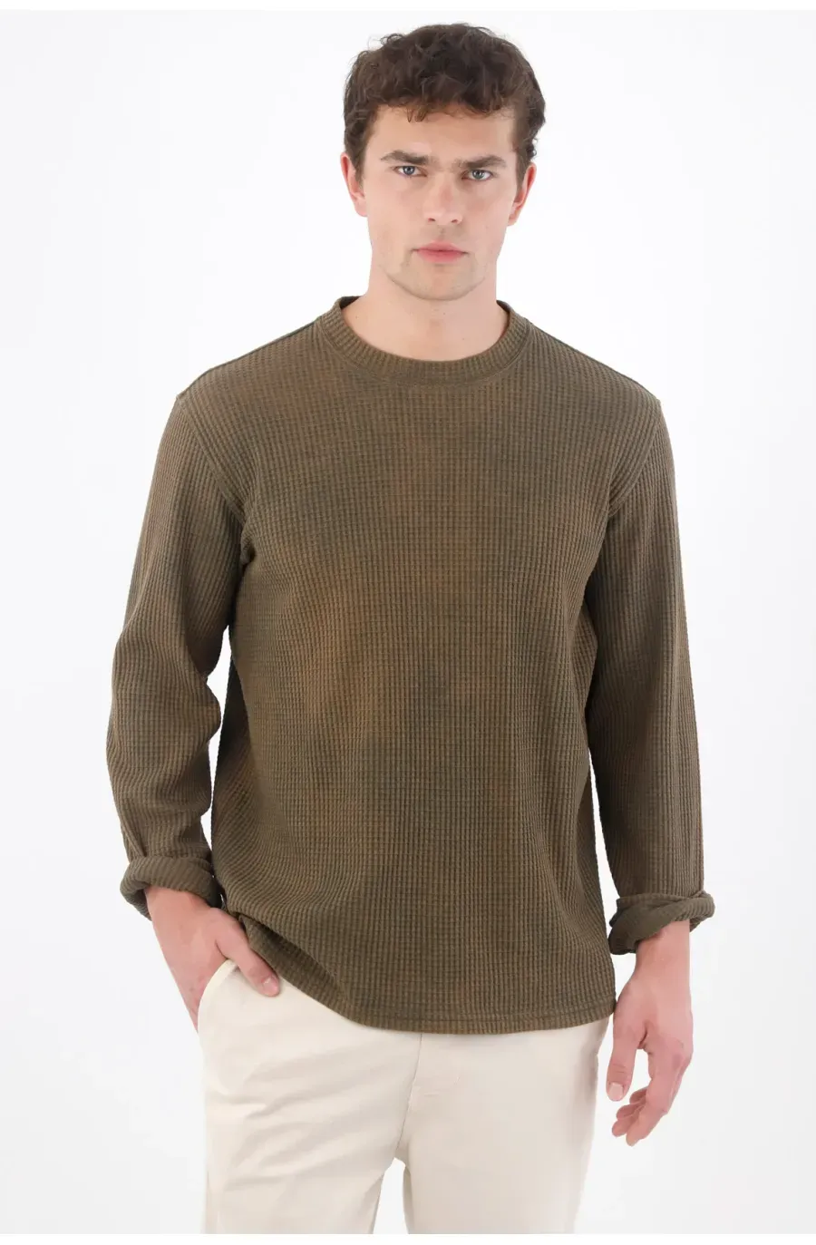 Buzo regular con tejido waffle de algodón verde oliva para hombre