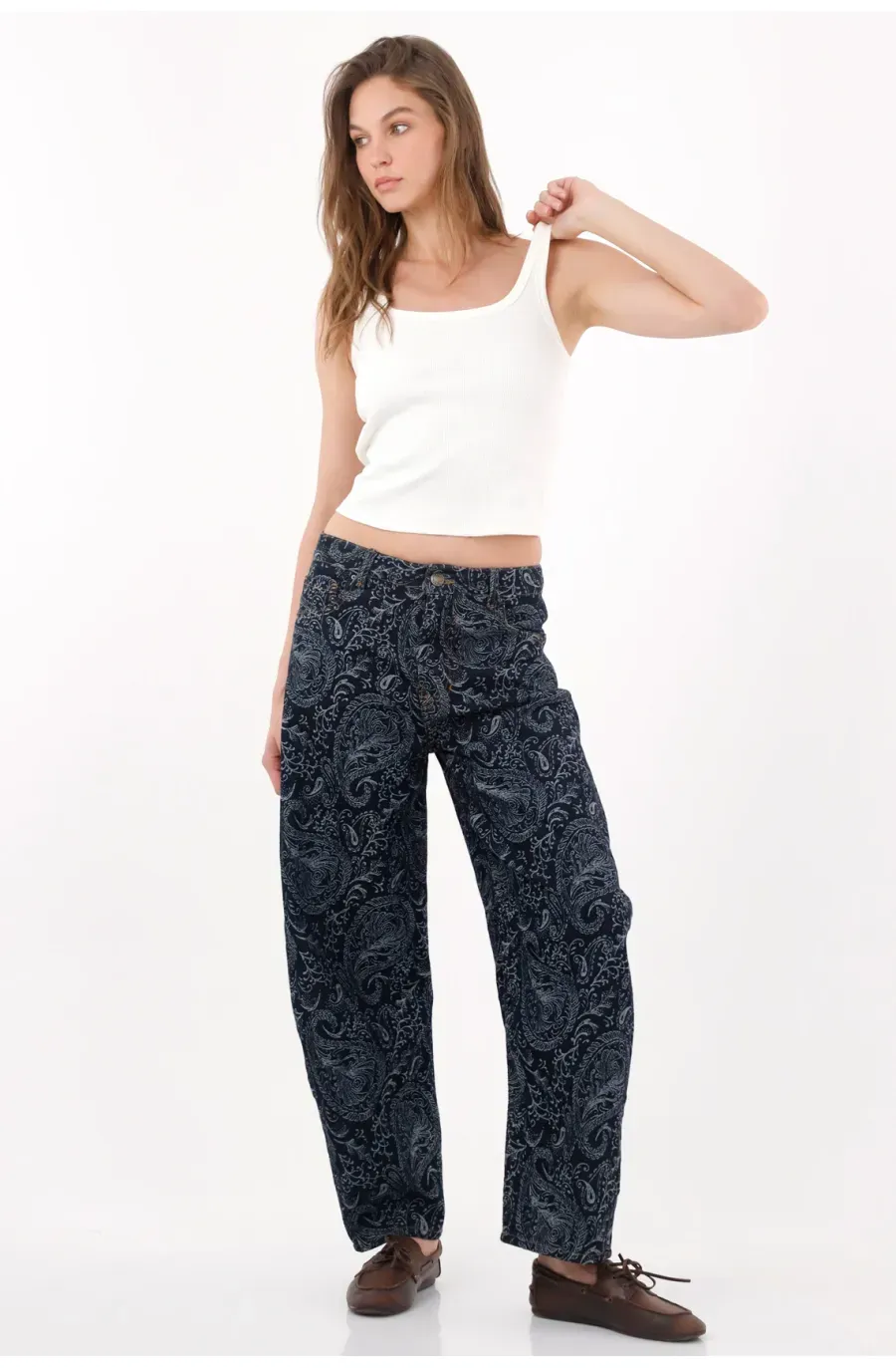 Jean wide leg con estampado en azul oscuro para mujer